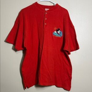 Vintage Red Mickey Mouse Henley Embroidered Vacation Sweater Shirt L XL